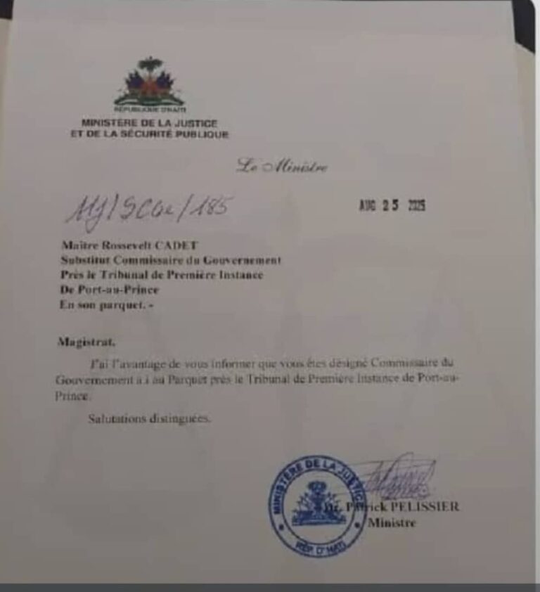 LE SUBSTITUT COMMISSAIRE ROOSVELT CADET NOMMÉ A LA TÊTE DU PARQUET DE PORT AU PRINCE